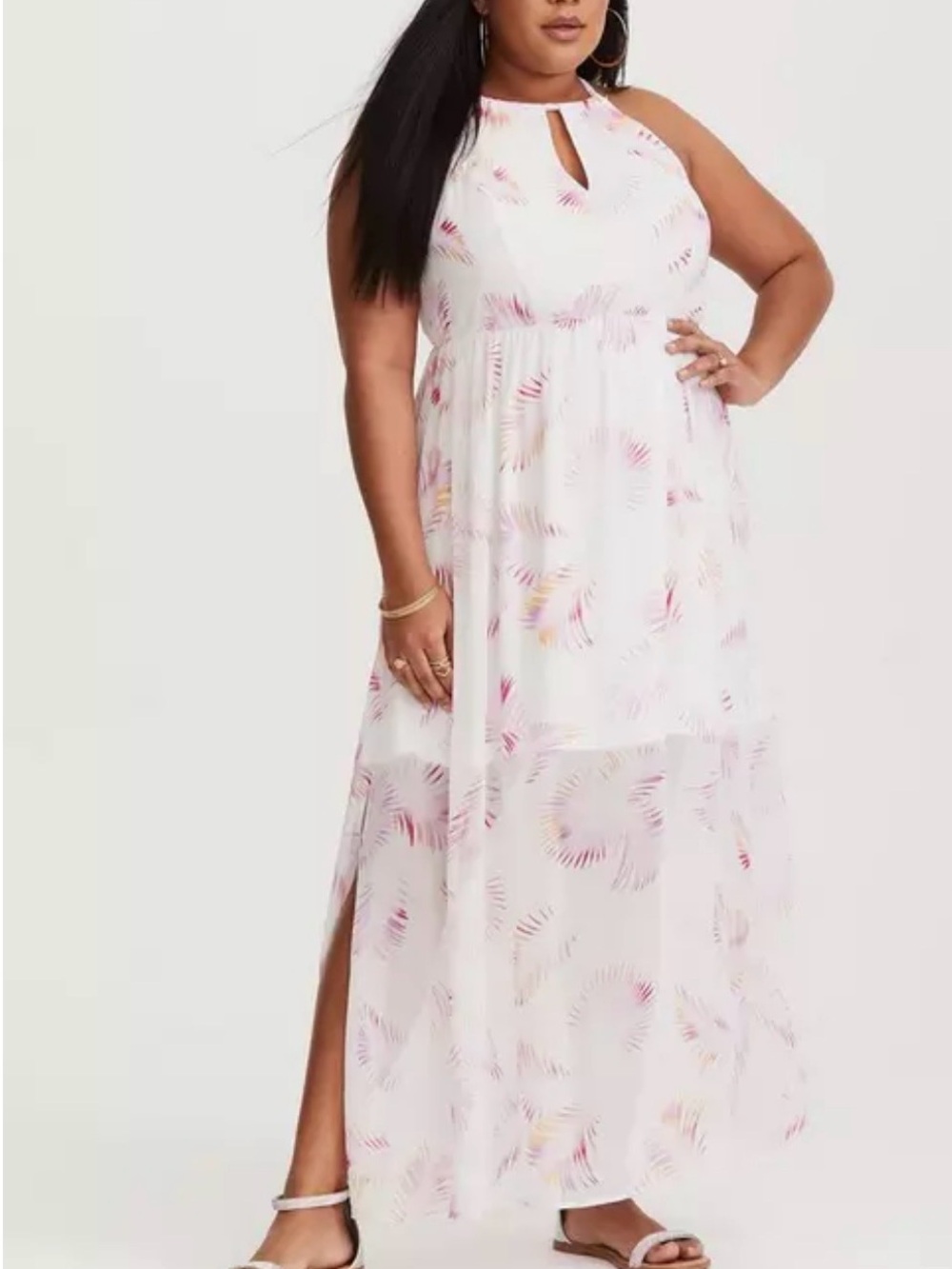 Torrid White Maxi Dress with Pink & Lavender Palm Motif Size 00 -10 Medium